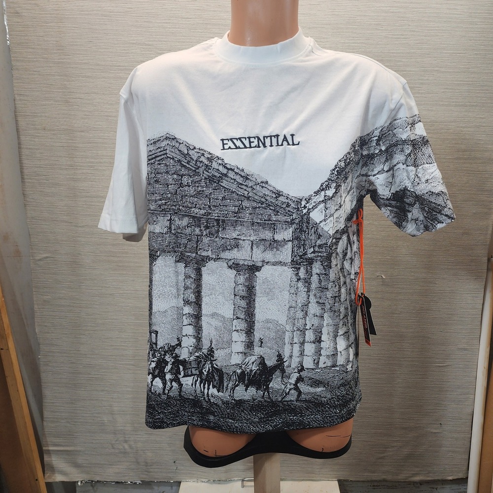 GSTR Essential Roman Ruins Graphic Tee White Black Woodcut Print Mens Medium NWT